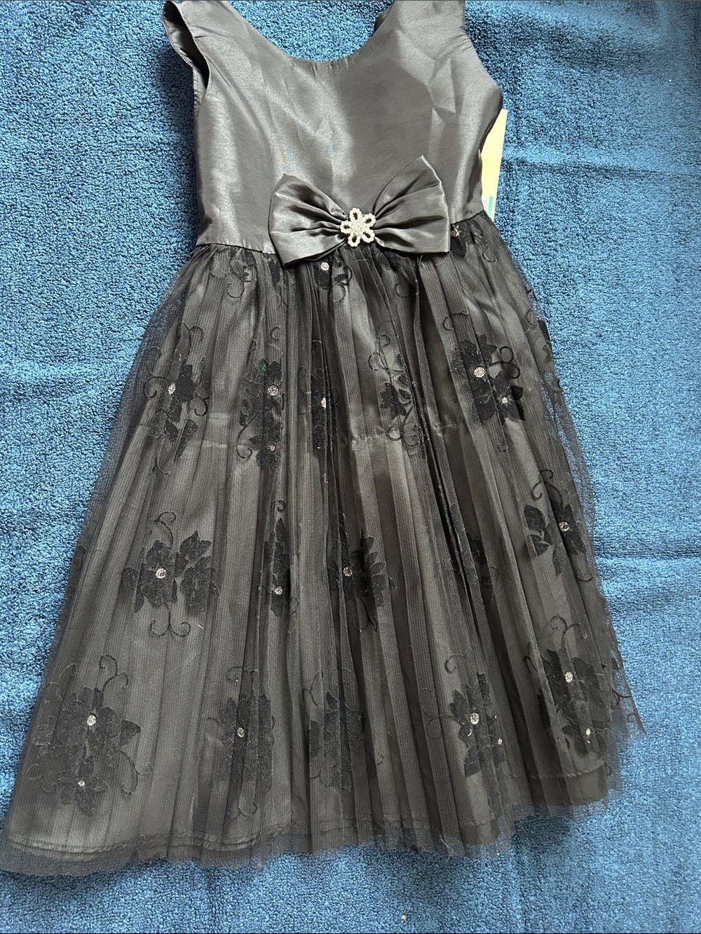 Cherokee Black Floral Tulle Party Dress with Bow Accent
